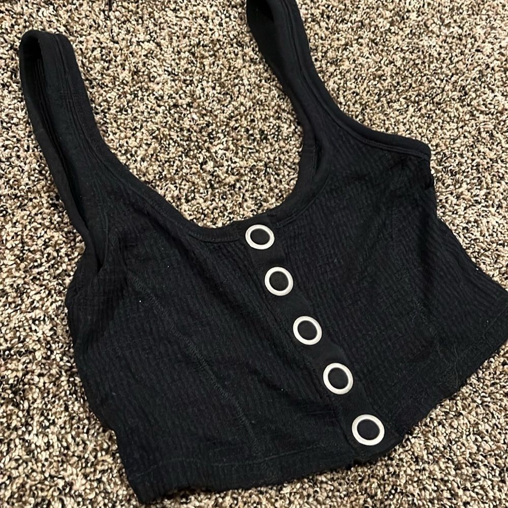 Free People Black Waffle Knit Crop Top, NWOT - Picture 2 of 5